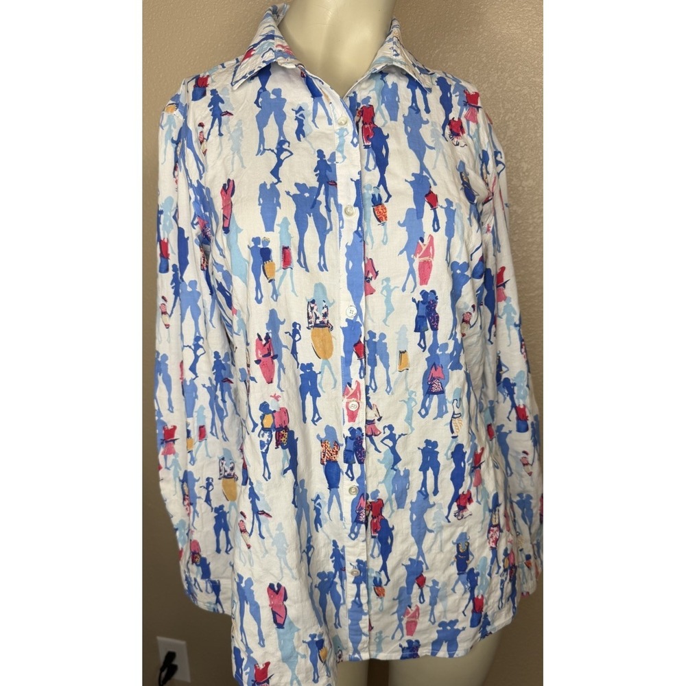 J McLaughlin Women's M Button Front Shirt Blue Pink Novelty Print Cotton Blouse